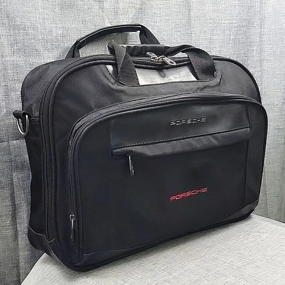 Porsche Rare Briefcase Office Sport Laptop Bag - Black Nylon, Leather Trim